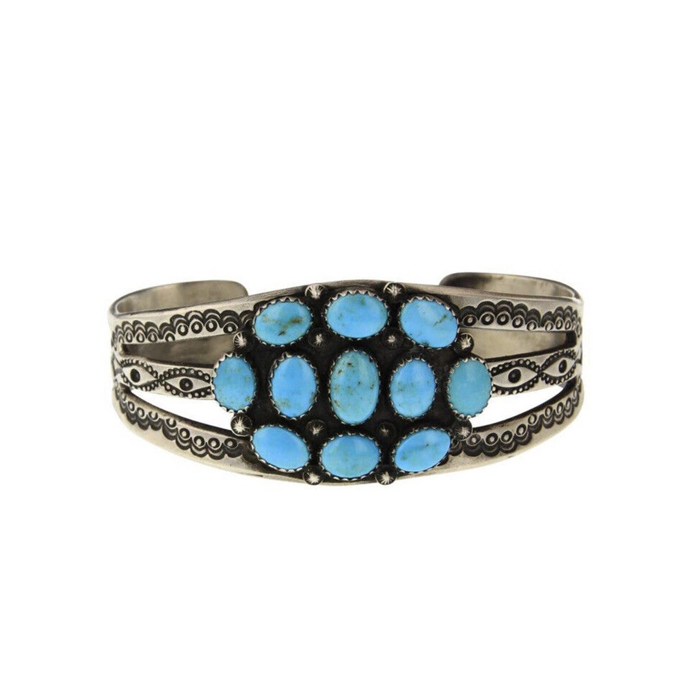 Vintage Rare Navajo Signed Fred Harvey Turquoise Silver Cuff